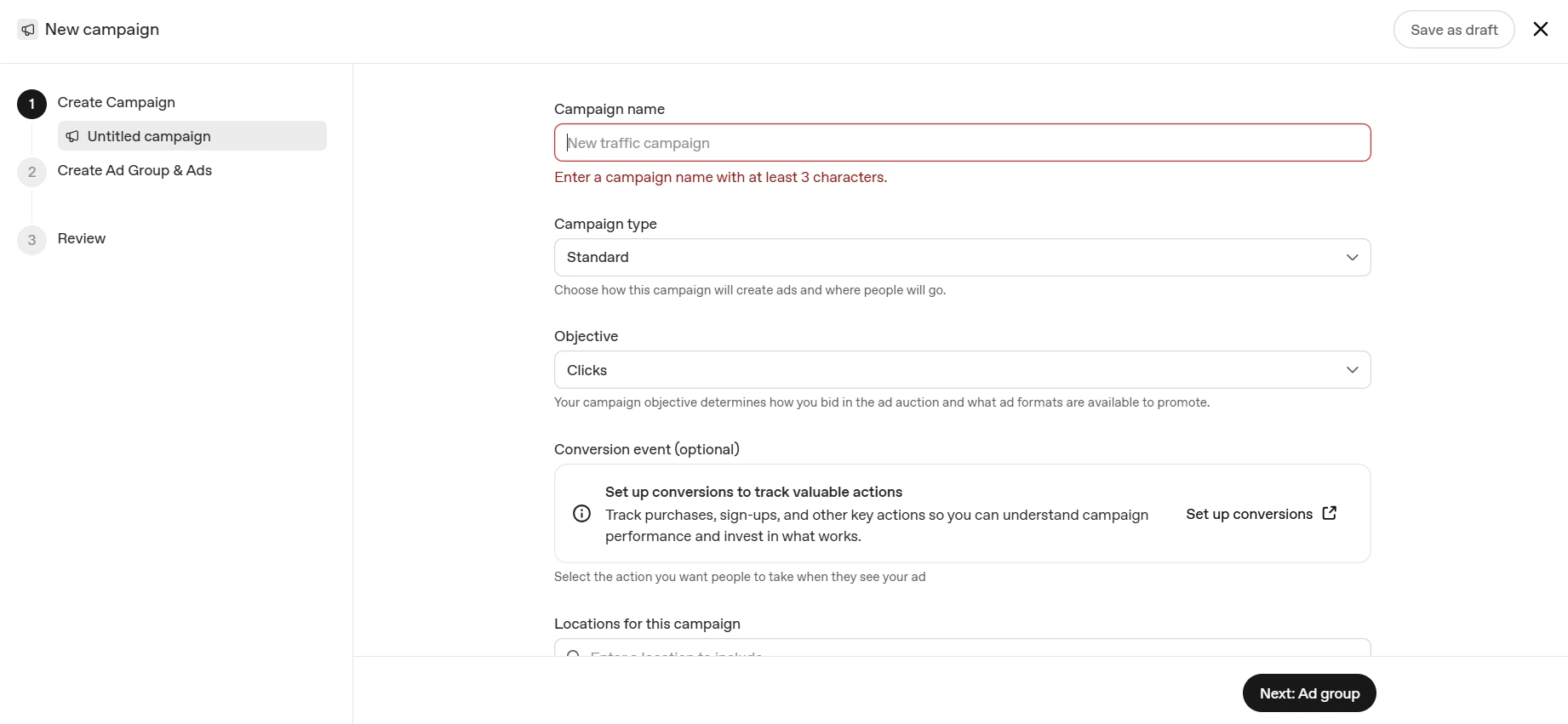 ChatGPT Ads Manager campaign setup with objective, budget, dates and targeting options.